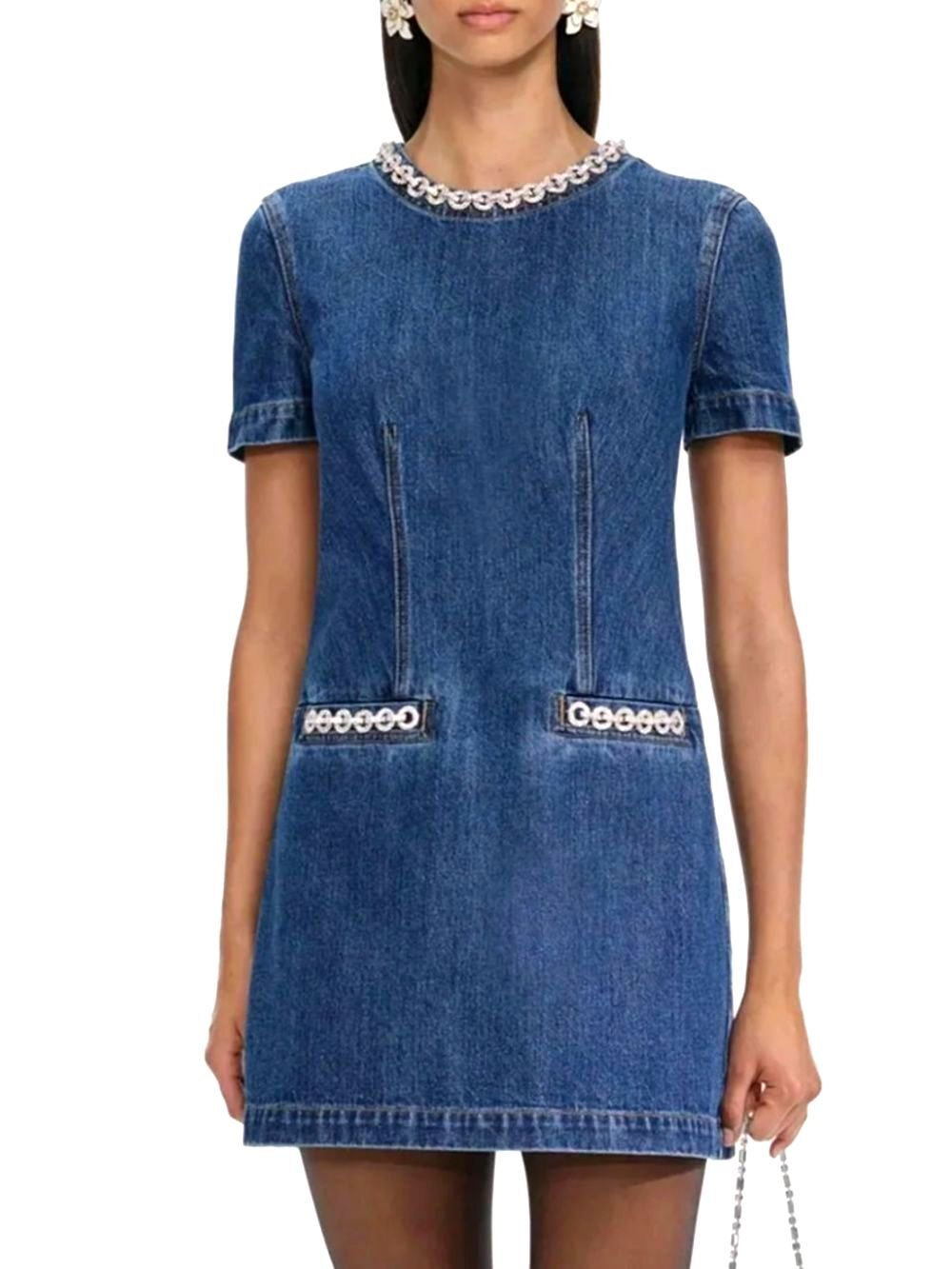 SELF PORTRAIT Darling Chic Denim Mini Dress with Crystal Accents Sz 4 NWT $650!!